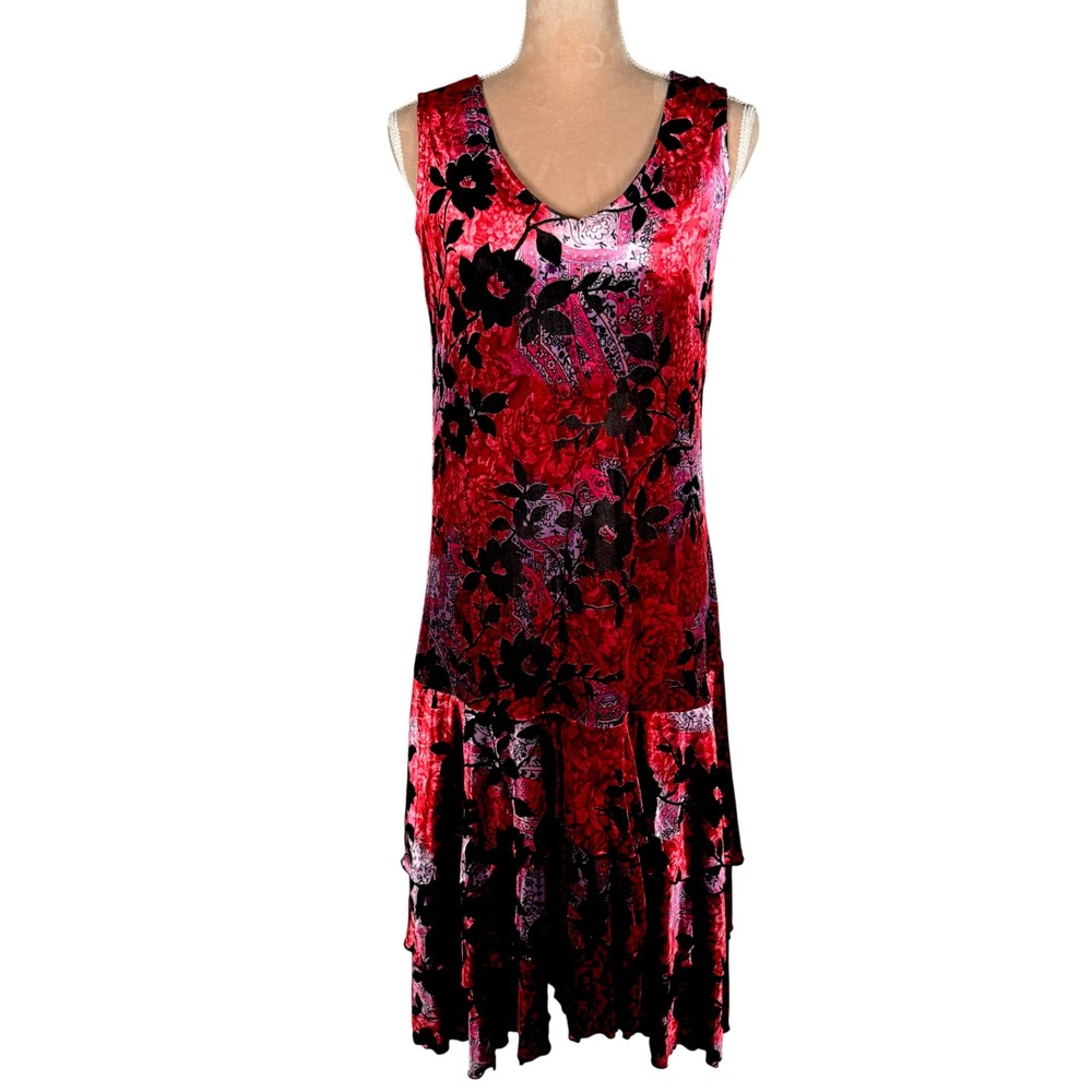 Vtg Y2k Red Black Floral Velvet Burnout Tiered V Neck Midi Dress Sz L Whimsygoth